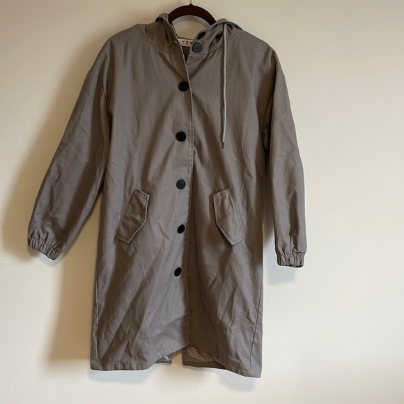 Minimalist Trench Coat Utility Hood Jacket Gray Med Urban Street Modern Casual - Picture 1 of 10